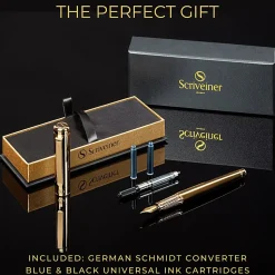 Scriveiner Classic Fountain Pen, Medium Point, 0.7 mm, Gold Barrel, Black/Blue Ink