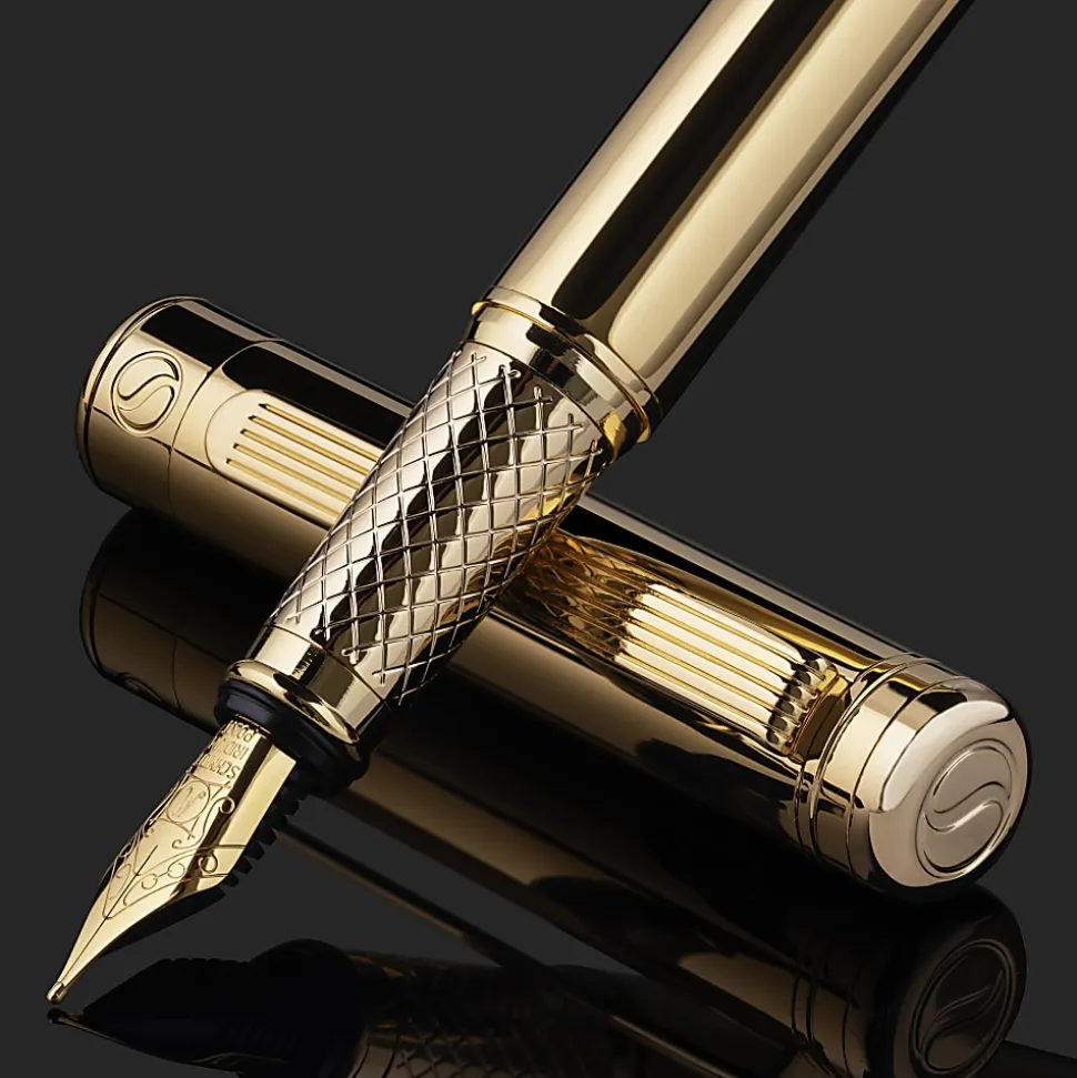 Scriveiner Classic Fountain Pen, Medium Point, 0.7 mm, Gold Barrel, Black/Blue Ink