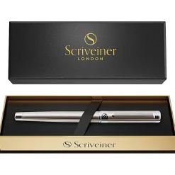 Scriveiner Classic Rollerball Pen, Medium Point, 0.7 mm, Steel/Silver Barrel, Black Ink