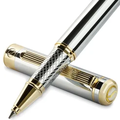 Scriveiner Classic Rollerball Pen, Medium Point, 0.7 mm, Silver Chrome/Gold Barrel, Black Ink