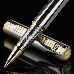 Scriveiner Classic Rollerball Pen, Medium Point, 0.7 mm, Silver Chrome/Gold Barrel, Black Ink
