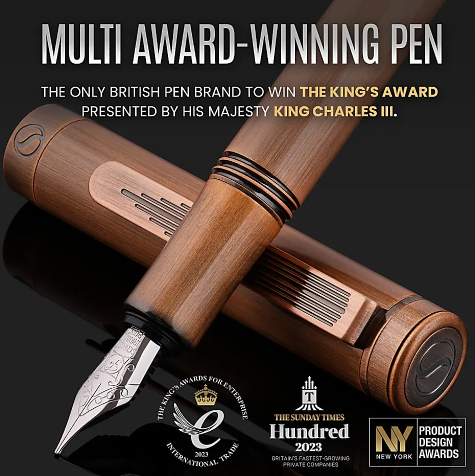 Scriveiner EDC Luxury Fountain Pen, Medium Nib, 0.7 mm, Copper Barrel, Black And Blue