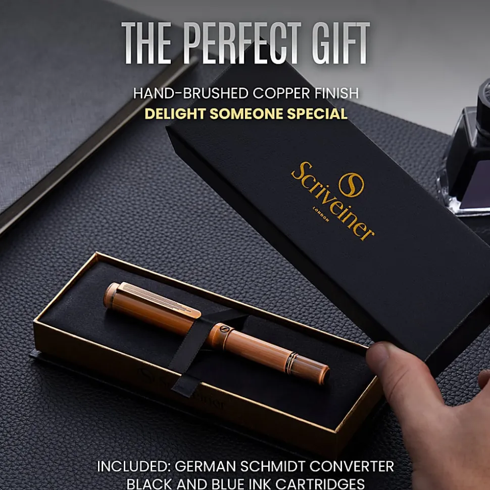 Scriveiner EDC Luxury Fountain Pen, Medium Nib, 0.7 mm, Copper Barrel, Black And Blue
