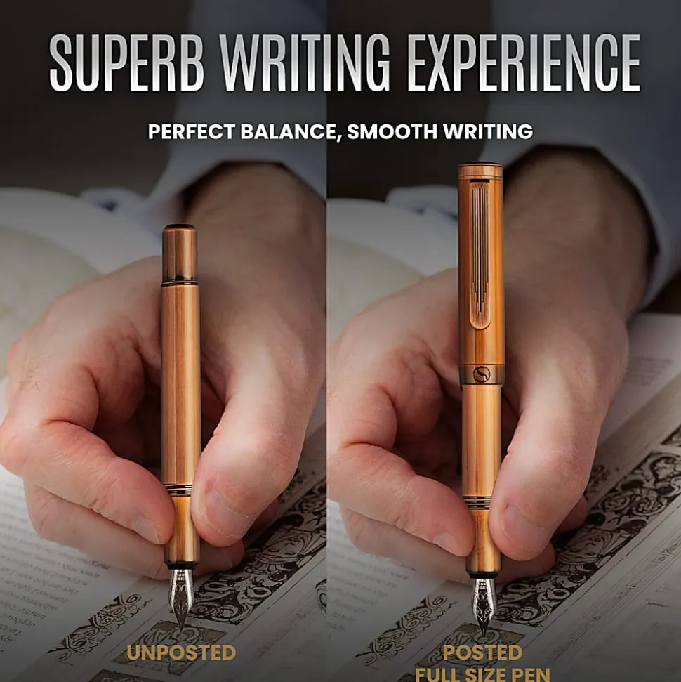 Scriveiner EDC Luxury Fountain Pen, Medium Nib, 0.7 mm, Copper Barrel, Black And Blue