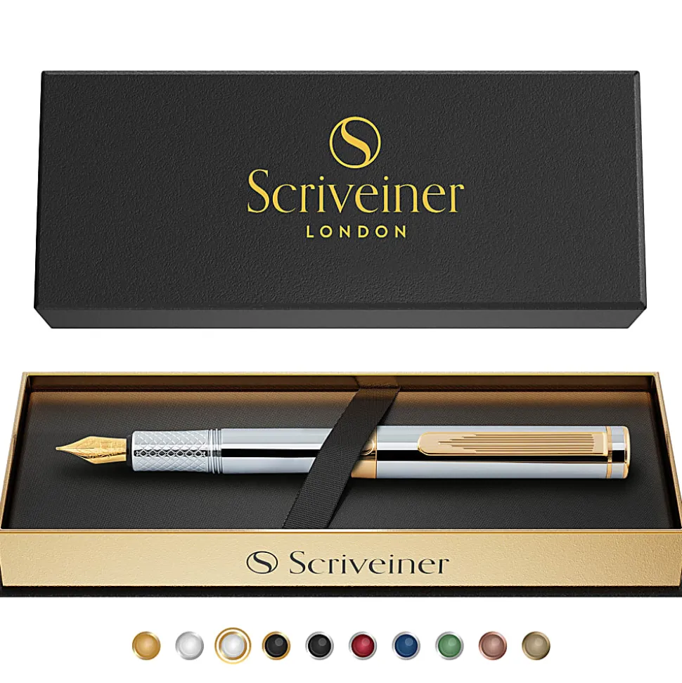 Scriveiner EDC Luxury Fountain Pen, Medium Nib, 0.7 mm, Silver Chrome Barrel, Black And Blue