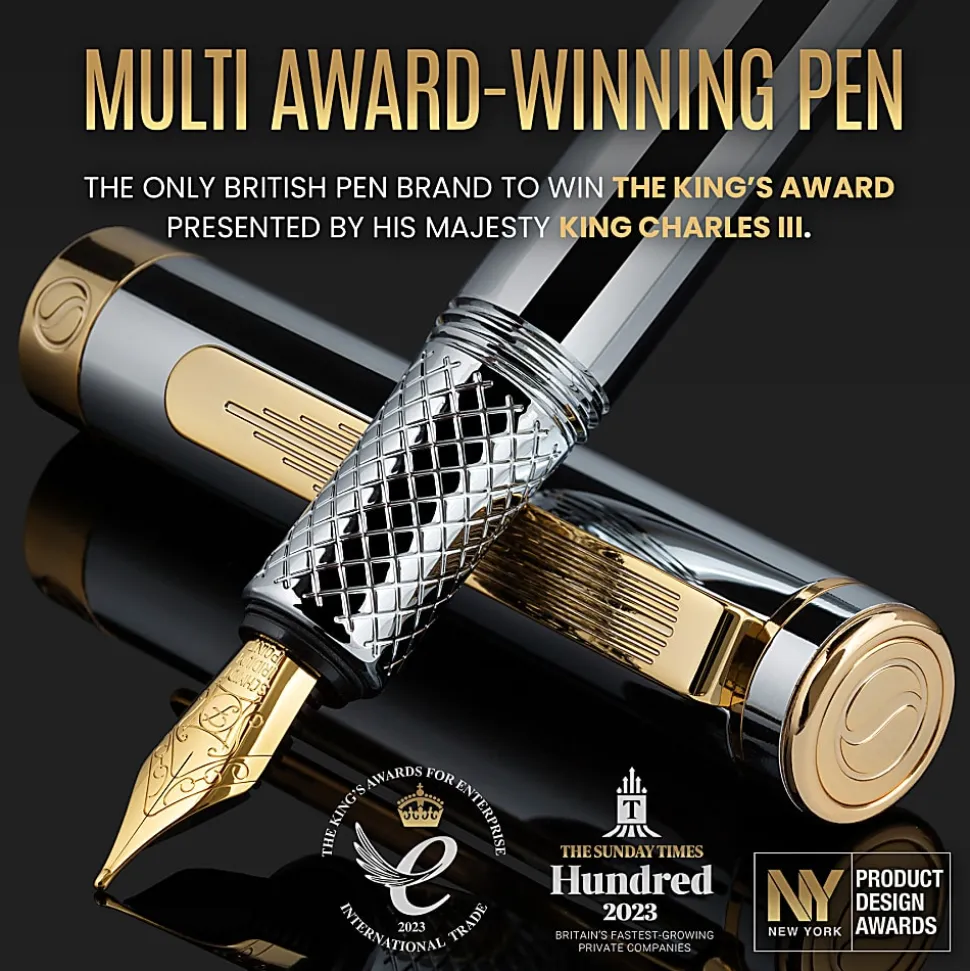 Scriveiner EDC Luxury Fountain Pen, Medium Nib, 0.7 mm, Silver Chrome Barrel, Black And Blue