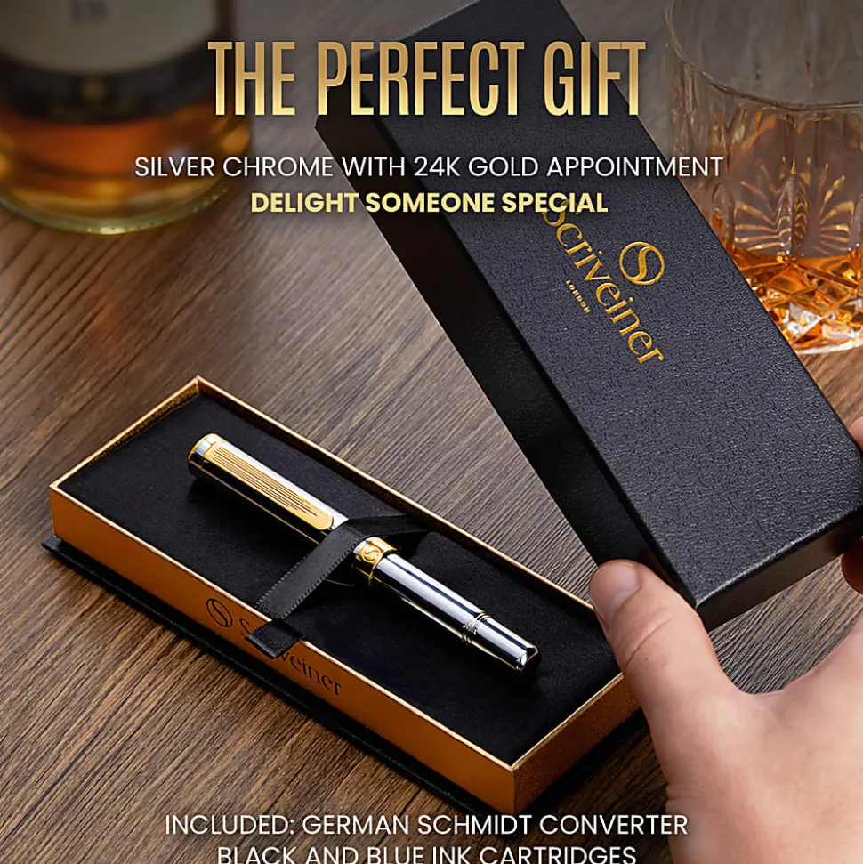 Scriveiner EDC Luxury Fountain Pen, Medium Nib, 0.7 mm, Silver Chrome Barrel, Black And Blue