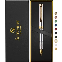 Scriveiner EDC Luxury Fountain Pen, Medium Nib, 0.7 mm, Silver Chrome Barrel, Black And Blue