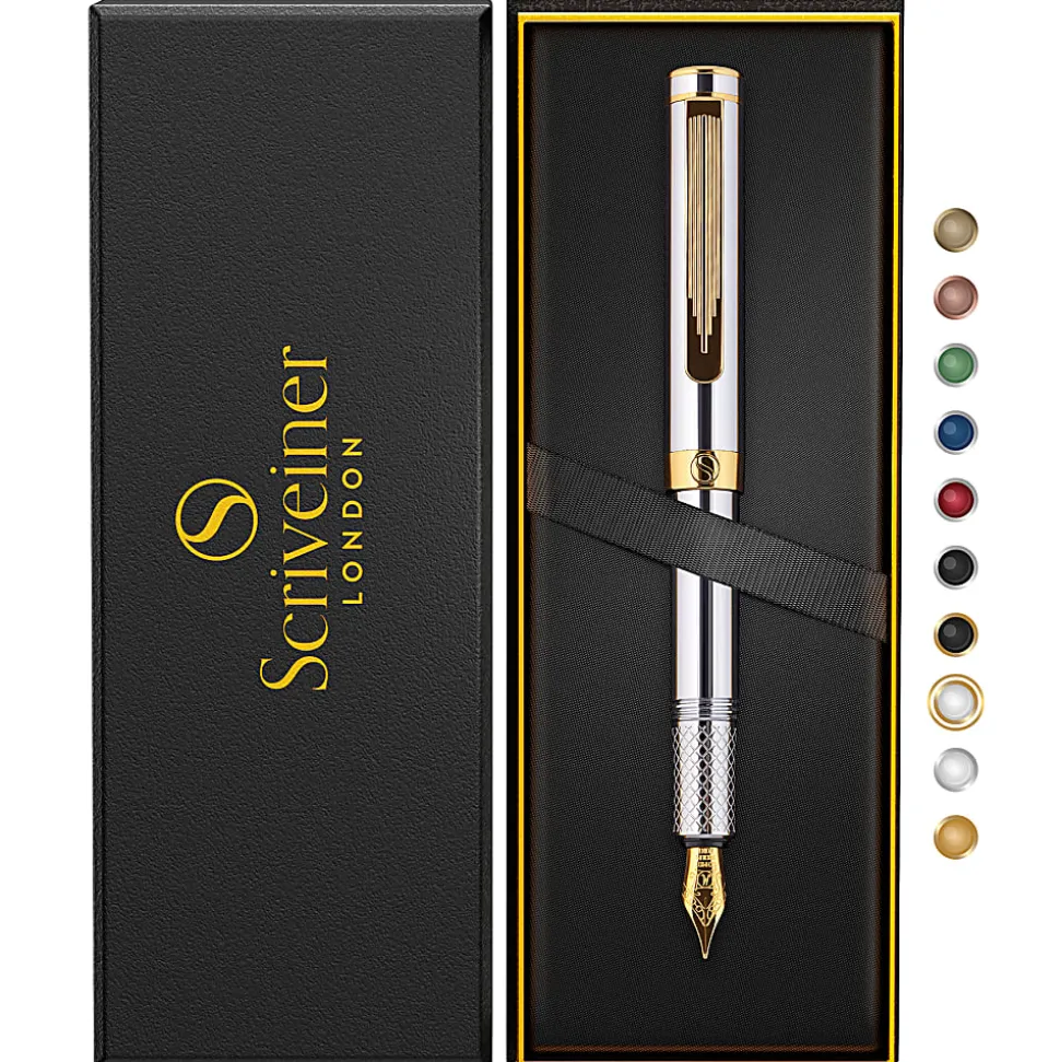 Scriveiner EDC Luxury Fountain Pen, Medium Nib, 0.7 mm, Silver Chrome Barrel, Black And Blue