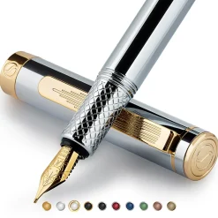Scriveiner EDC Luxury Fountain Pen, Medium Nib, 0.7 mm, Silver Chrome Barrel, Black And Blue