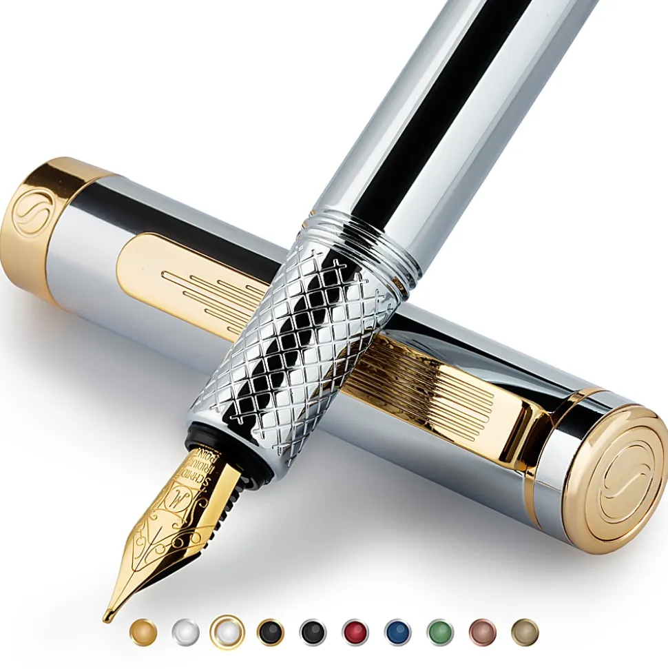 Scriveiner EDC Luxury Fountain Pen, Medium Nib, 0.7 mm, Silver Chrome Barrel, Black And Blue