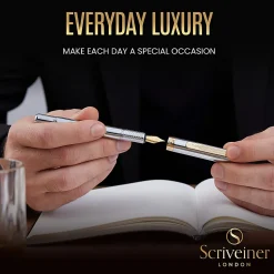 Scriveiner EDC Luxury Fountain Pen, Medium Nib, 0.7 mm, Silver Chrome Barrel, Black And Blue