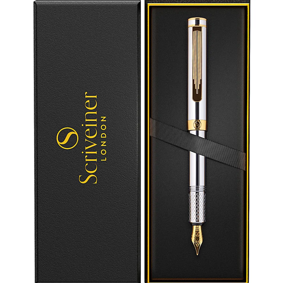 Scriveiner EDC Luxury Fountain Pen, Medium Nib, 0.7 mm, Silver Chrome Barrel, Black And Blue
