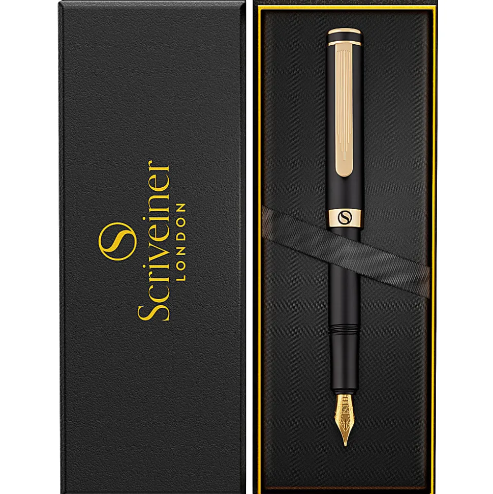 Scriveiner EDC Luxury Fountain Pen, Medium Nib, 0.7 mm, Black Barrel, Black And Blue