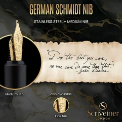 Scriveiner EDC Luxury Fountain Pen, Medium Nib, 0.7 mm, Black Barrel, Black And Blue