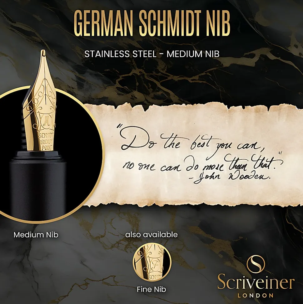 Scriveiner EDC Luxury Fountain Pen, Medium Nib, 0.7 mm, Black Barrel, Black And Blue