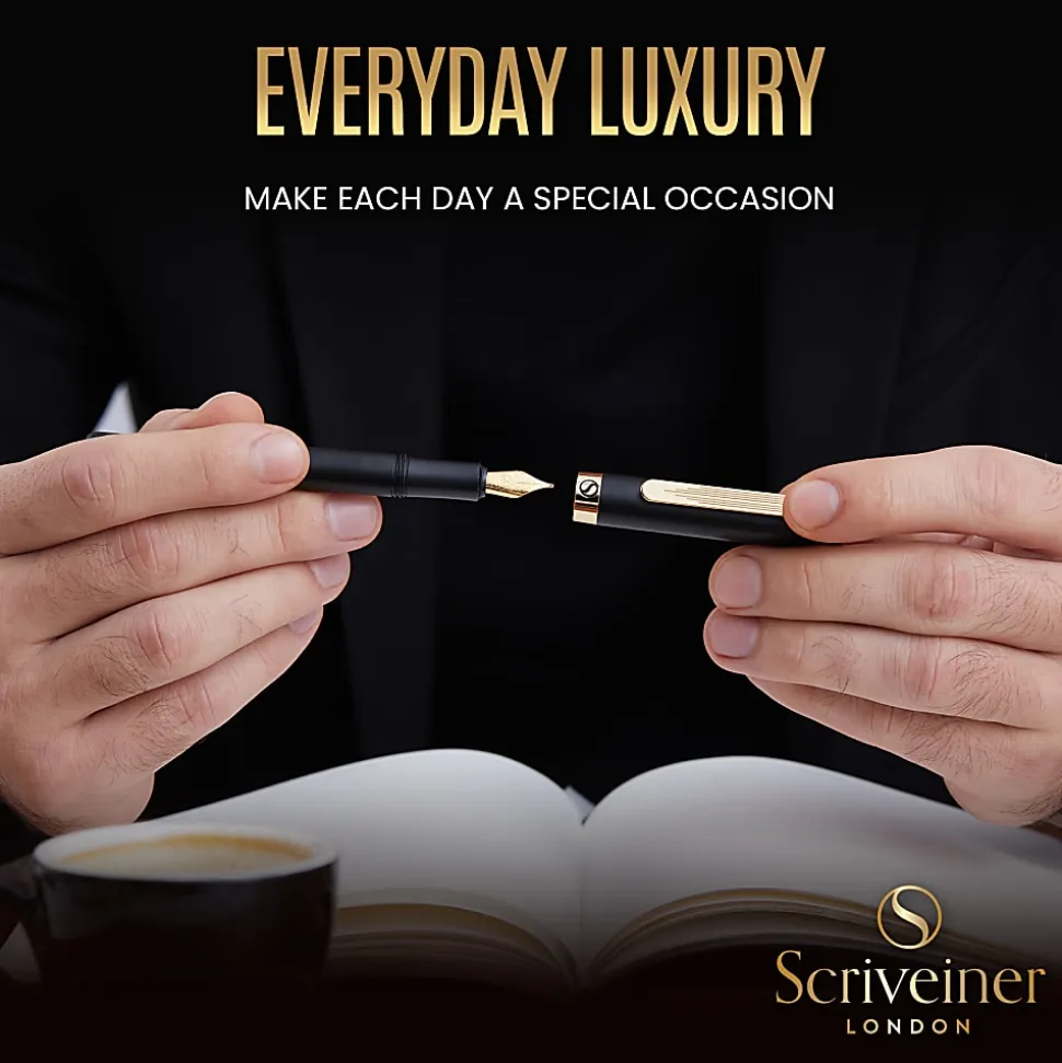 Scriveiner EDC Luxury Fountain Pen, Medium Nib, 0.7 mm, Black Barrel, Black And Blue