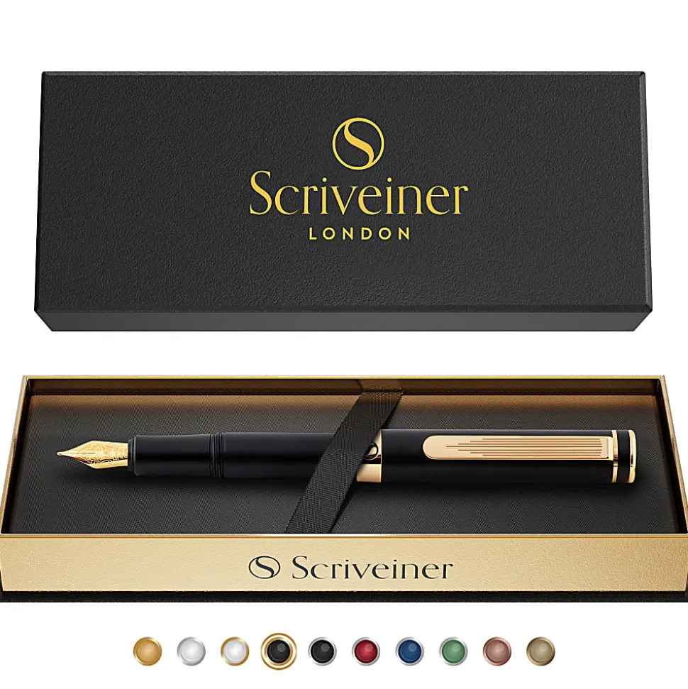 Scriveiner EDC Luxury Fountain Pen, Medium Nib, 0.7 mm, Black Barrel, Black And Blue