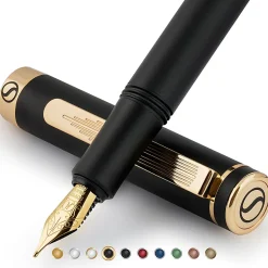 Scriveiner EDC Luxury Fountain Pen, Medium Nib, 0.7 mm, Black Barrel, Black And Blue