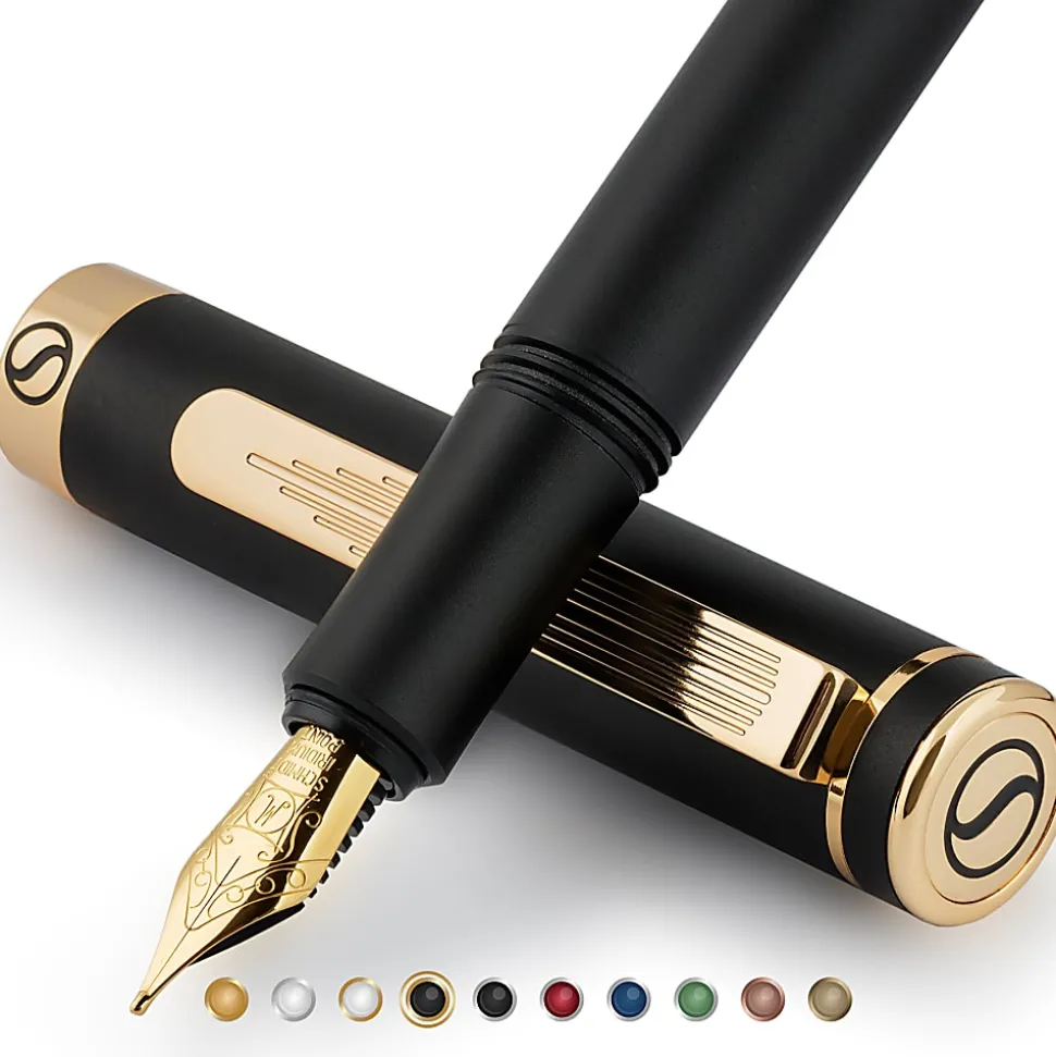 Scriveiner EDC Luxury Fountain Pen, Medium Nib, 0.7 mm, Black Barrel, Black And Blue