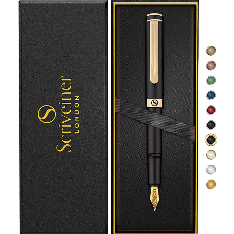 Scriveiner EDC Luxury Fountain Pen, Medium Nib, 0.7 mm, Black Barrel, Black And Blue