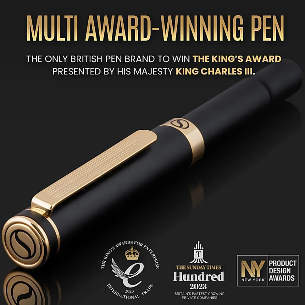 Scriveiner EDC Luxury Fountain Pen, Medium Nib, 0.7 mm, Black Barrel, Black And Blue