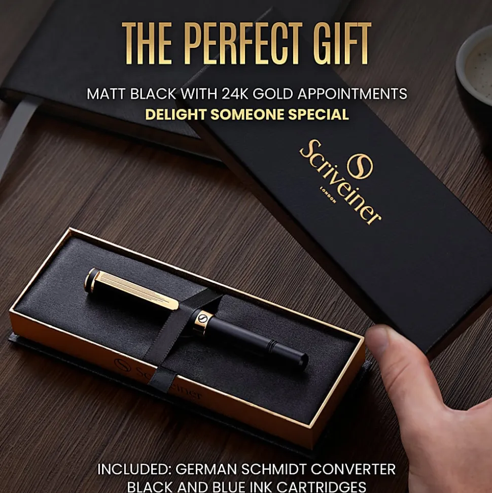 Scriveiner EDC Luxury Fountain Pen, Medium Nib, 0.7 mm, Black Barrel, Black And Blue
