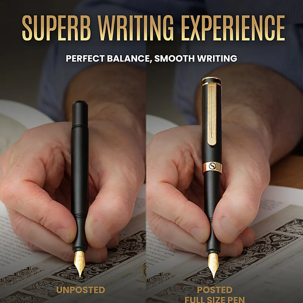 Scriveiner EDC Luxury Fountain Pen, Medium Nib, 0.7 mm, Black Barrel, Black And Blue