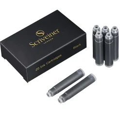 Scriveiner Fountain Pen Ink Cartridges, Medium Point, 0.7 mm, Black Ink, Pack Of 20 Ink Cartridges