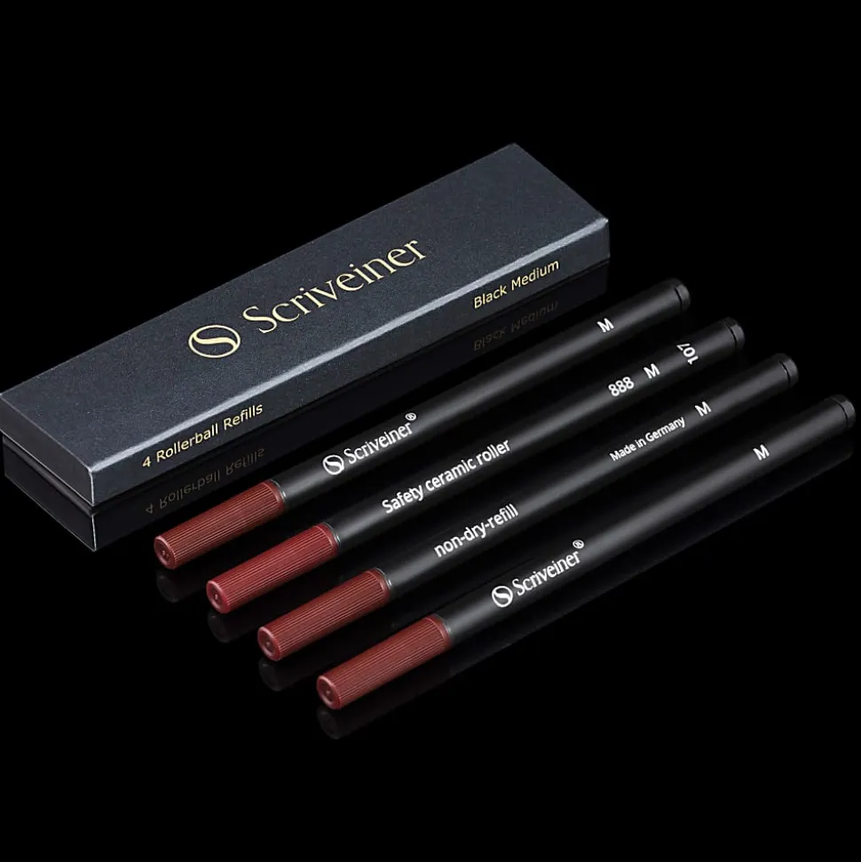 Scriveiner Rollerball Ink Refills, Medium Point, 0.7 mm, Black Ink, Pack Of 4 Refills
