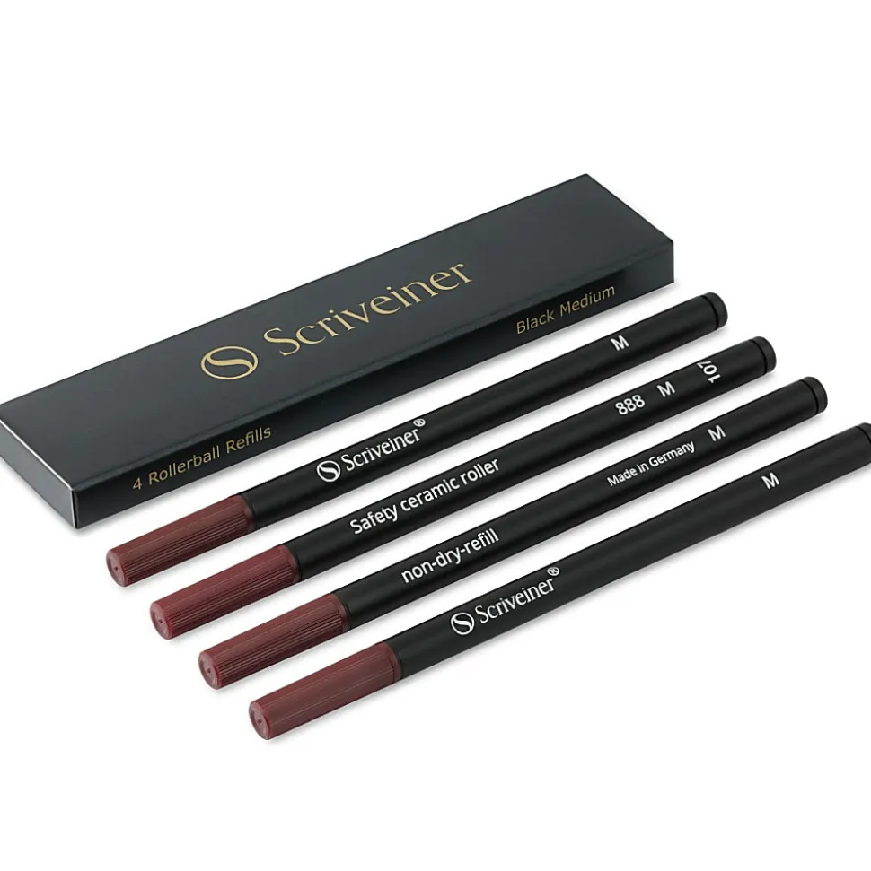 Scriveiner Rollerball Ink Refills, Medium Point, 0.7 mm, Black Ink, Pack Of 4 Refills