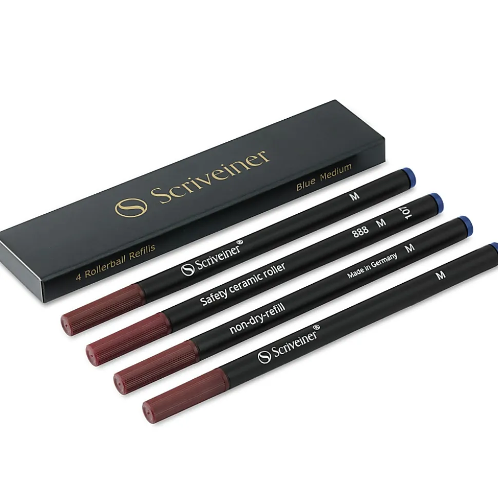 Scriveiner Rollerball Ink Refills, Medium Point, 0.7 mm, Blue Ink, Pack Of 4 Refills
