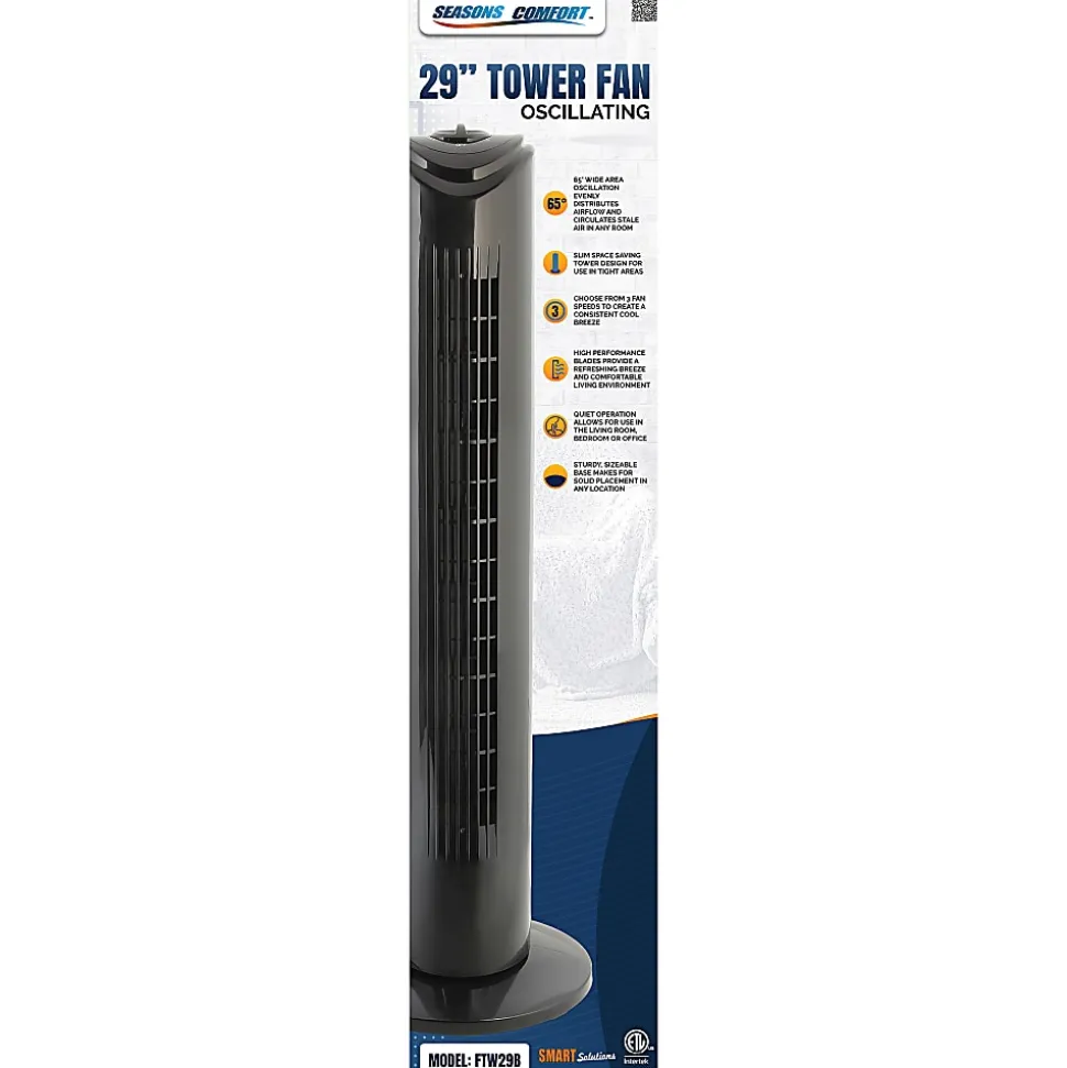 Seasons Comfort™ 3-Speed Oscillating Tower Fan, 29-3/16"H x 9-1/16"W x 9-1/16"D, Black