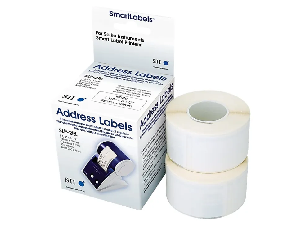Seiko SII Address Labels, SKPSLP2RLH, Rectangle, 1 1/8" x 3 1/2", White, 260 Labels Per Roll, Box Of 2 Rolls