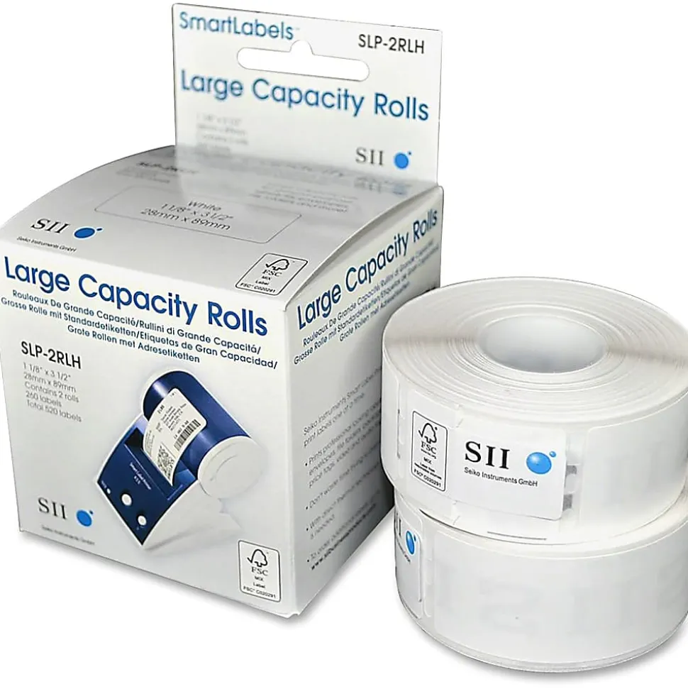Seiko SII Address Labels, SKPSLP2RLH, Rectangle, 1 1/8" x 3 1/2", White, 260 Labels Per Roll, Box Of 2 Rolls