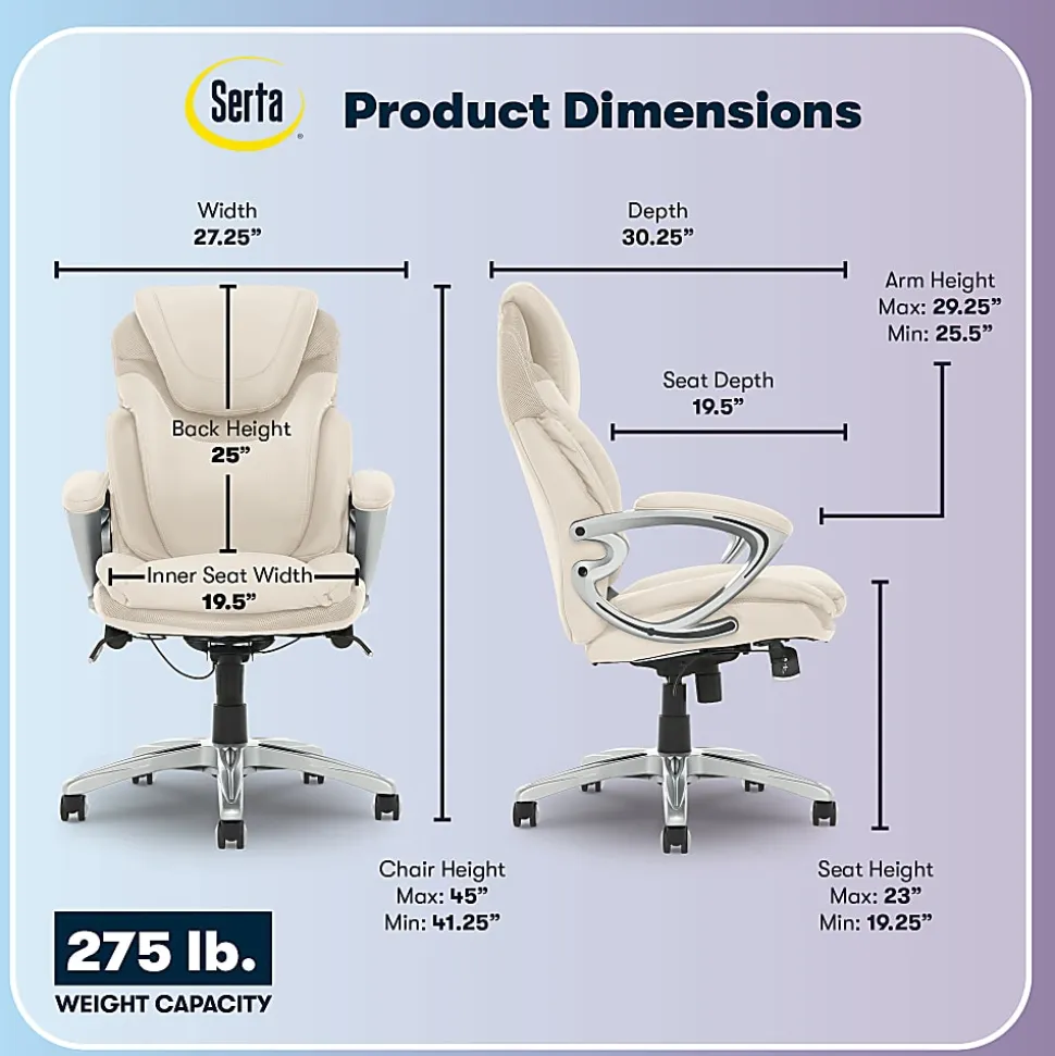 Serta®AIR™ Health & Wellness Ergonomic Bonded Leather High-Back Executive Office Chair, Cream