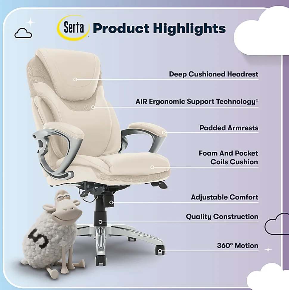 Serta®AIR™ Health & Wellness Ergonomic Bonded Leather High-Back Executive Office Chair, Cream