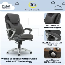 Serta®AIR™ Health & Wellness Ergonomic Bonded Leather High-Back Executive Office Chair, Light Gray