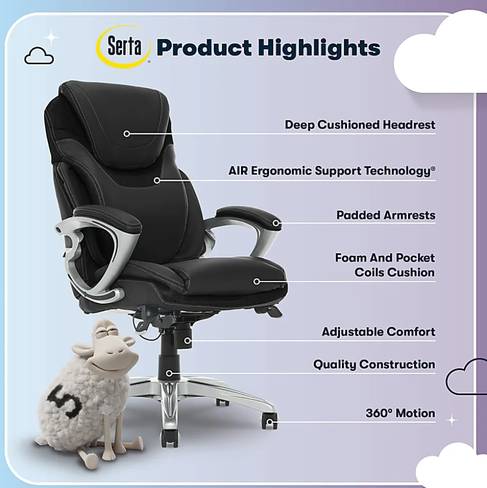 Serta® AIR™ Health & Wellness Ergonomic Bonded Leather High-Back Executive Office Chair, Black