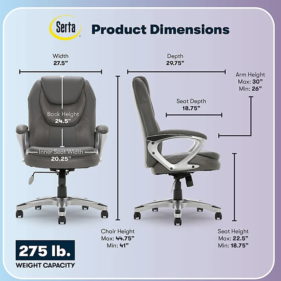 Serta® Amplify Bonded Leather/Mesh High-Back Office Chair, Gray/Silver