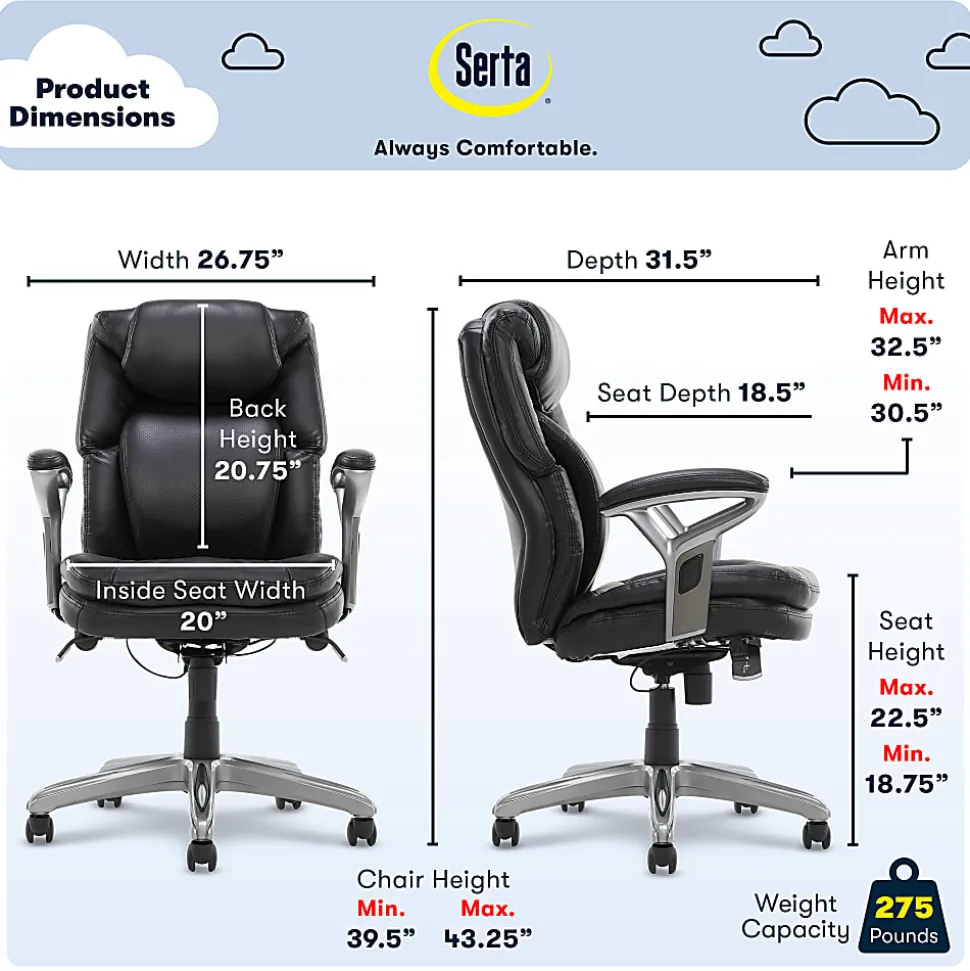 Serta® Anniston Ergonomic Mid-Back Office Chair, Smooth Black