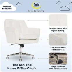 Serta® Ashland Home Bonded Leather Mid-Back Office Chair, White/Chrome