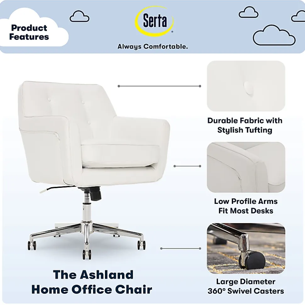 Serta® Ashland Home Bonded Leather Mid-Back Office Chair, White/Chrome