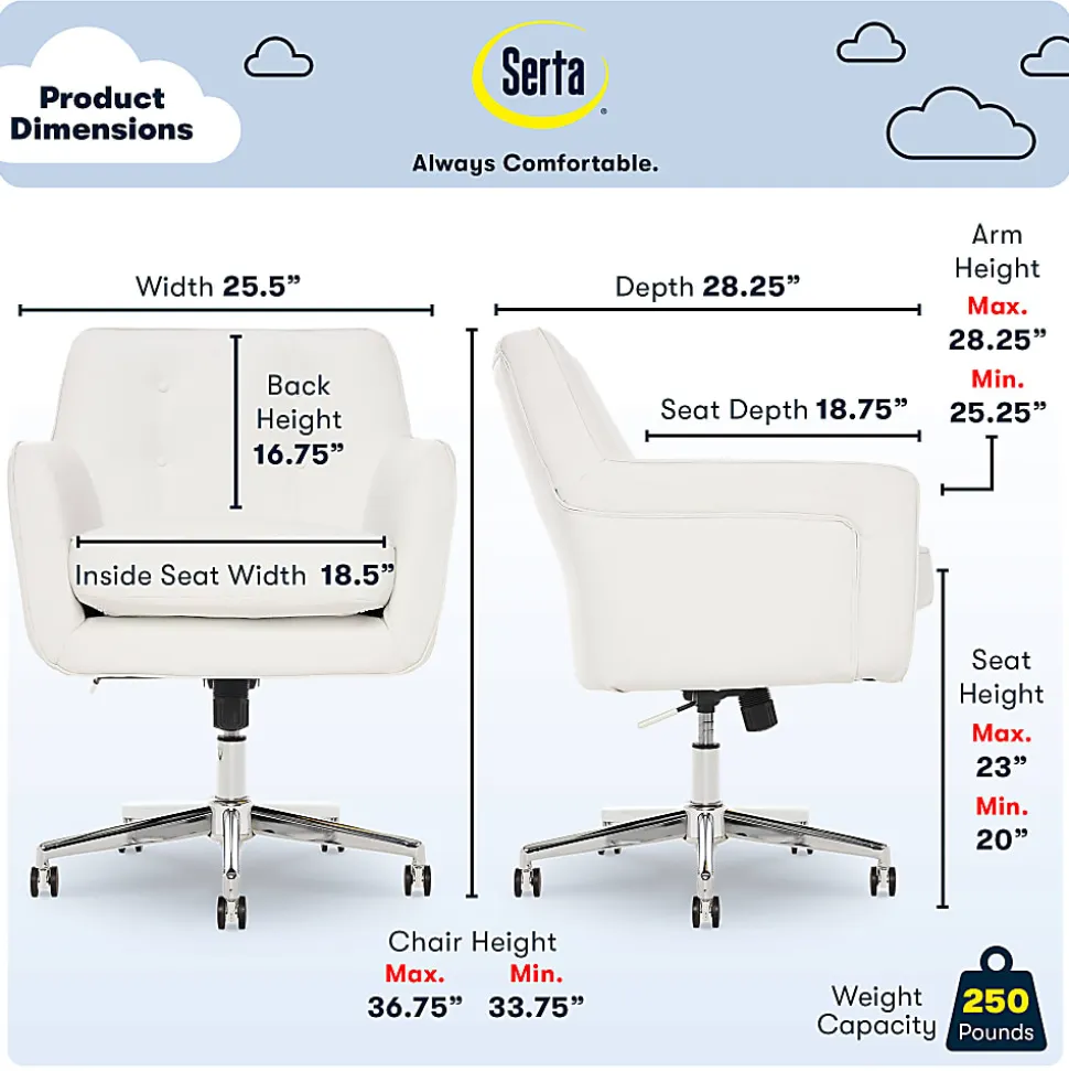 Serta® Ashland Home Bonded Leather Mid-Back Office Chair, White/Chrome