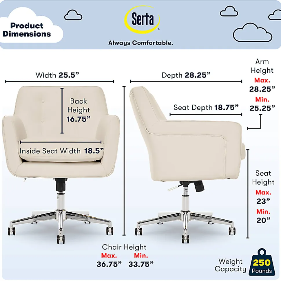 Serta® Ashland Home Bonded Leather Mid-Back Office Chair, Cream/Chrome