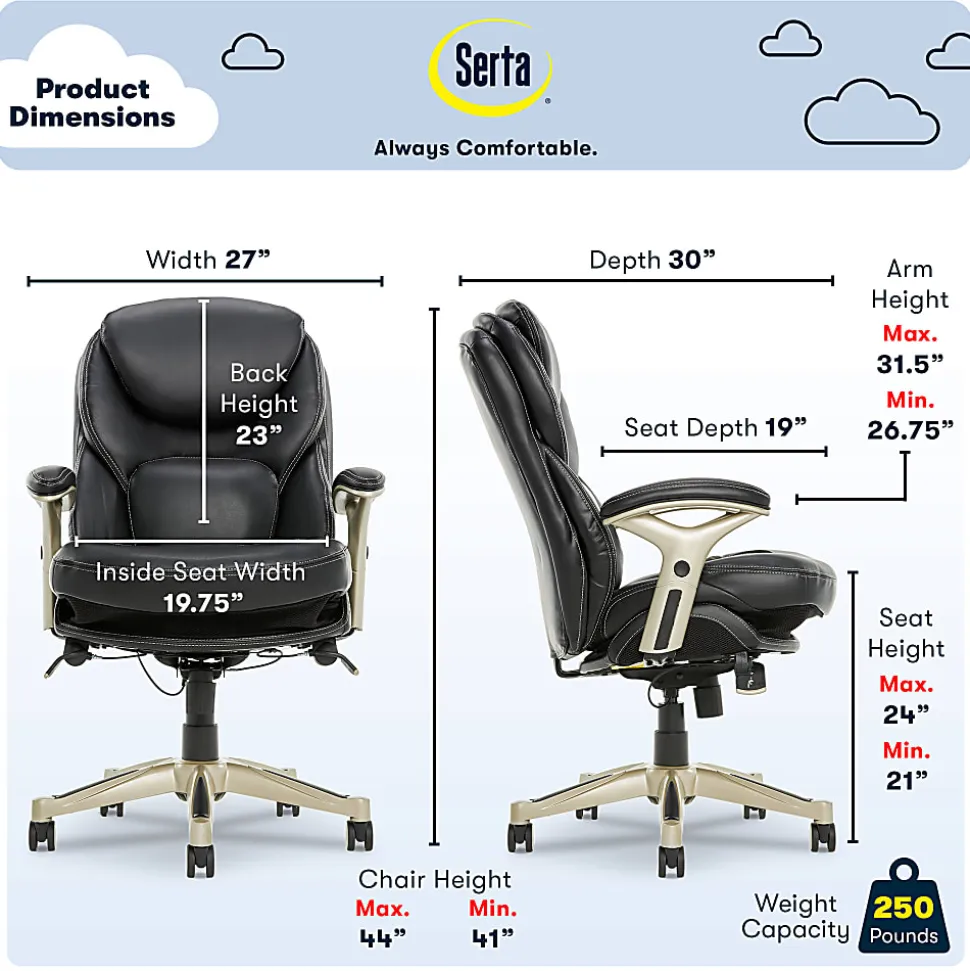 Serta® Back in Motion™ Health And Wellness Ergonomic Bonded Leather Mid-Back Office Chair, Black/Silver