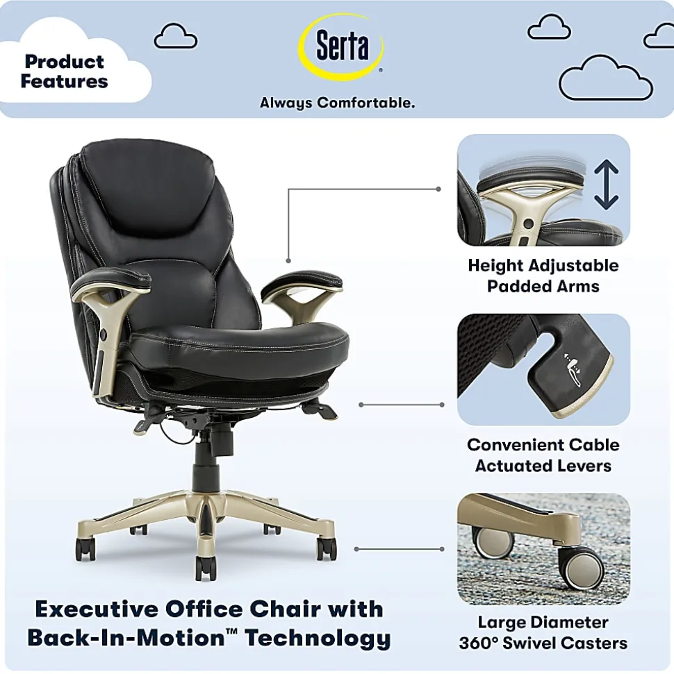 Serta® Back in Motion™ Health And Wellness Ergonomic Bonded Leather Mid-Back Office Chair, Black/Silver