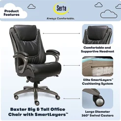 Serta® Baxter Big & Tall Ergonomic Bonded Leather High-Back Chair, Black/Gray
