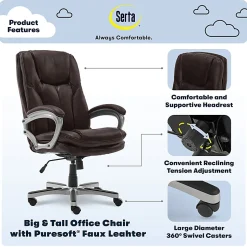 Serta® Benton Big And Tall High-Back Chair, Roasted Chestnut/Silver
