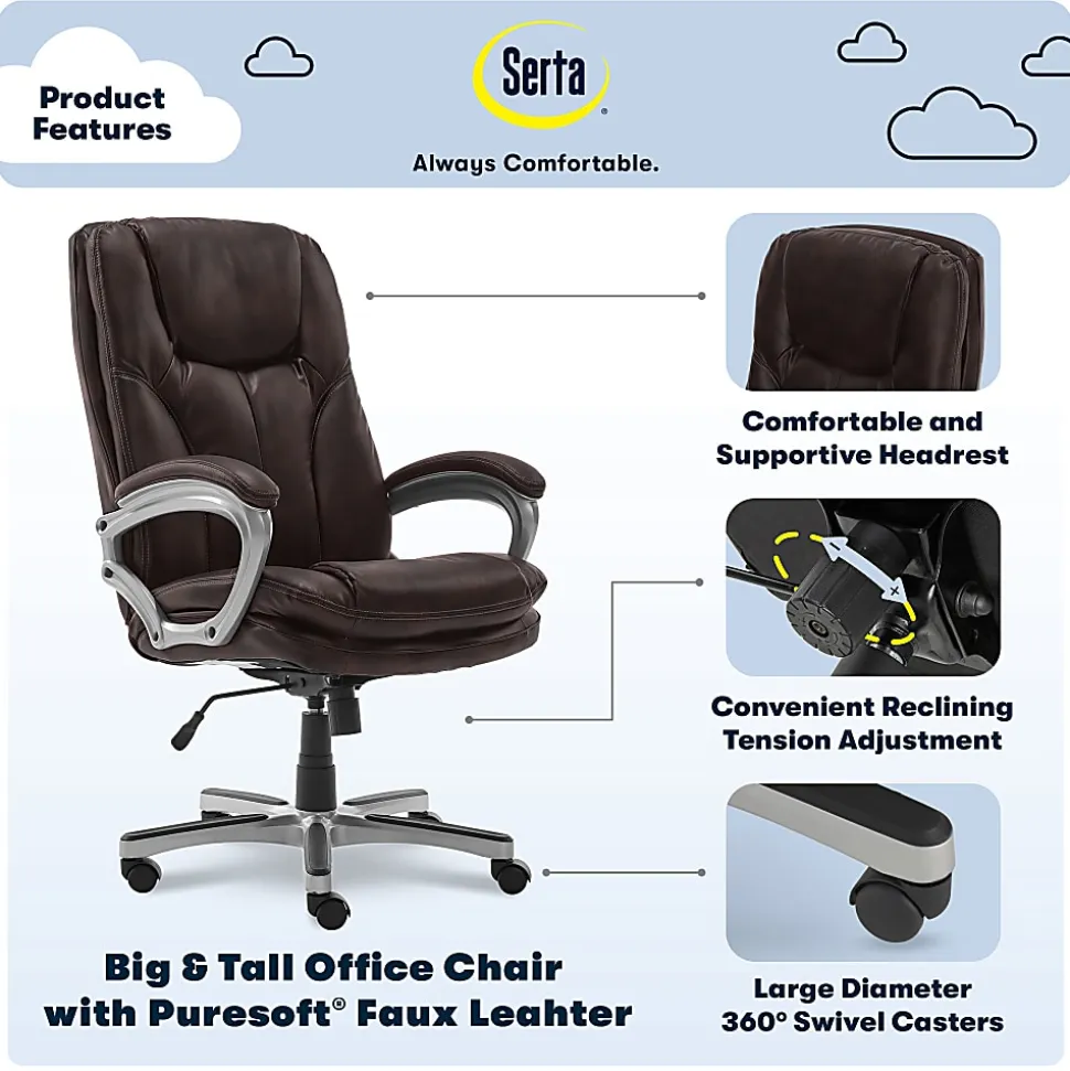 Serta® Benton Big And Tall High-Back Chair, Roasted Chestnut/Silver